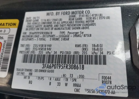 2015 Ford Fusion Se из США, поврежденный, VIN 3FA6P0T95FR308618